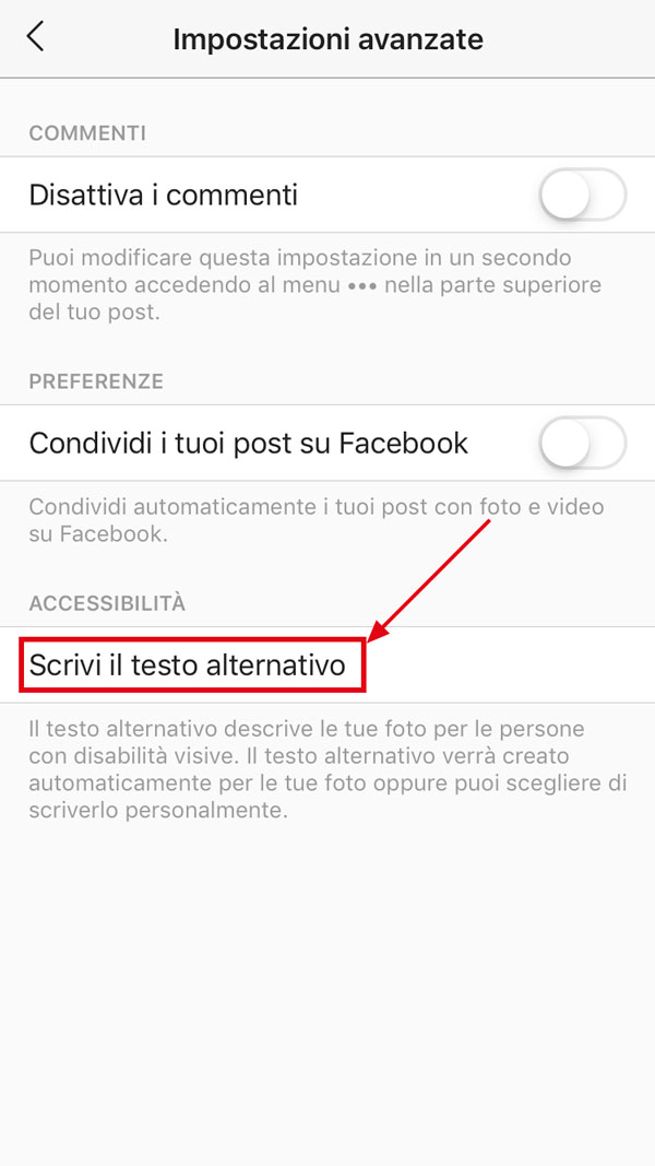 Link accesso testo alternativo Instagram