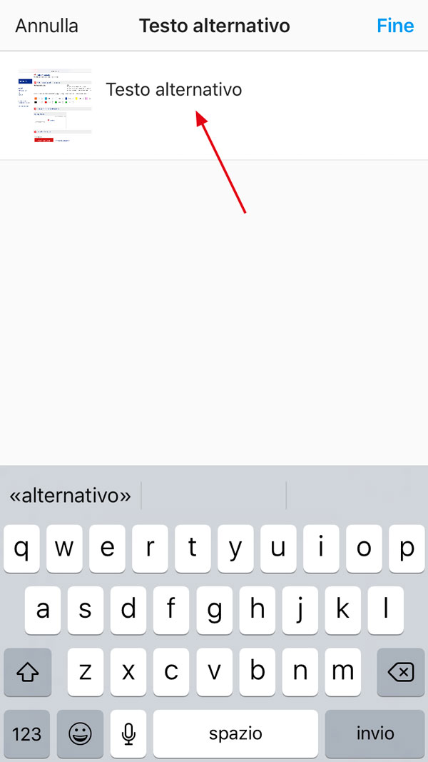 digitazione testo alternativo post instagram